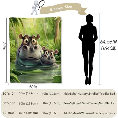 Cute Cartoon Hippo Flannel Throw Blanket 80x60 Inches - Soft Cozy Animal Blanket for Couch Bed Travel & Home Decor - Hippo22