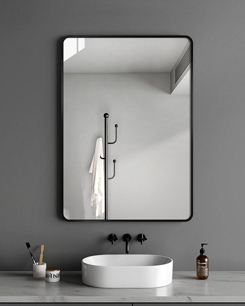DMWOODFL 36"x24" Wall Mounted Bathroom Vanity Mirror, Rounded Rectangle Matte Black Metal Frame Mirror, Anti-Rust Tempered Glass, Horizontal Vertical Hanging Modern Farmhouse Mirror for Bathroom