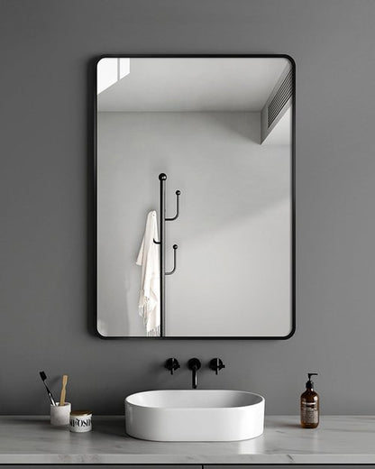 DMWOODFL 36"x24" Wall Mounted Bathroom Vanity Mirror, Rounded Rectangle Matte Black Metal Frame Mirror, Anti-Rust Tempered Glass, Horizontal Vertical Hanging Modern Farmhouse Mirror for Bathroom