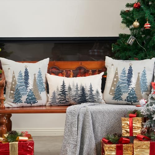 Christmas Pillow Covers 18x18 Inch Set of 2 Off-White Xmas Tree Decor for Home Couch
