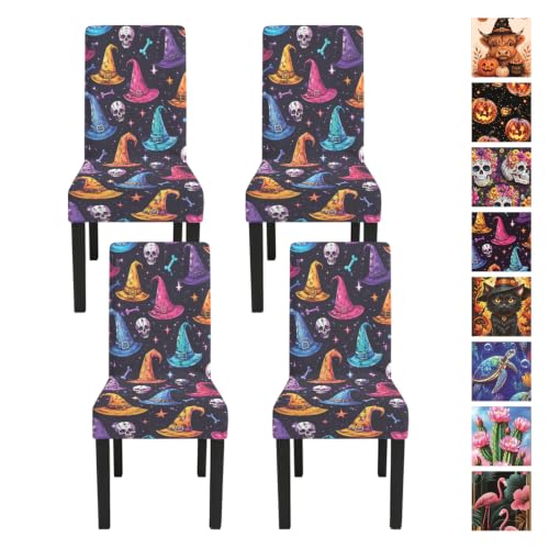 Halloween Witch Hat Chair Covers Set of 4 - Colorful Spooky Chair Slipcovers