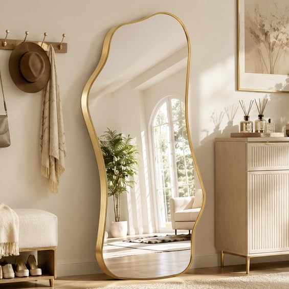 Irregular Full Length Floor Mirror 62.2" x 22.8" with Gold Frame – Wavy Modern Design, 1:1 Reflection
