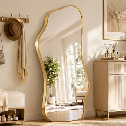 Irregular Full Length Floor Mirror 62.2" x 22.8" with Gold Frame – Wavy Modern Design, 1:1 Reflection