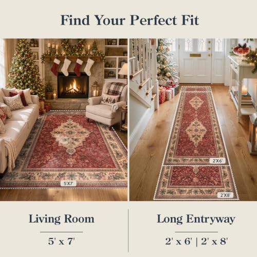 Christmas Rug 5x7 Red Washable Holiday Rug for Living Room & Bedroom - Vintage Design