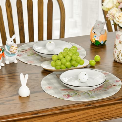 14-Inch Bunny Rabbit Ears Buffalo Plaid Easter Round Placemats Set of 4 for Spring Table Decor