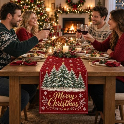 Christmas Table Runner with Red Tree Design for Holiday Dining