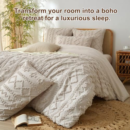 Queen Size Tufted Boho Duvet Cover Set - Farmhouse Beige Bedding