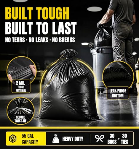 55 Gallon Heavy Duty Contractor Garbage Bags 2 Mil Thick - Black, 30 Count