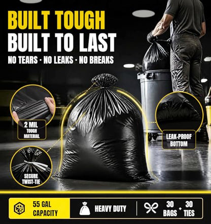 55 Gallon Heavy Duty Contractor Garbage Bags 2 Mil Thick - Black, 30 Count