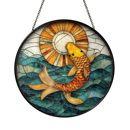 Sunlit Koi Fish Stained Glass Window Art with Flowing Water Theme - Bright Aquatic Decor
