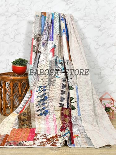 White Super King 108x108 Inch Handmade Patchwork Kantha Quilt Bedcover