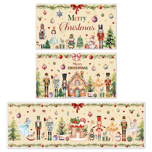 Winter Nutcracker Kitchen Rug Set of 3 - Christmas Holiday Floor Mats, Washable & Non-Slip