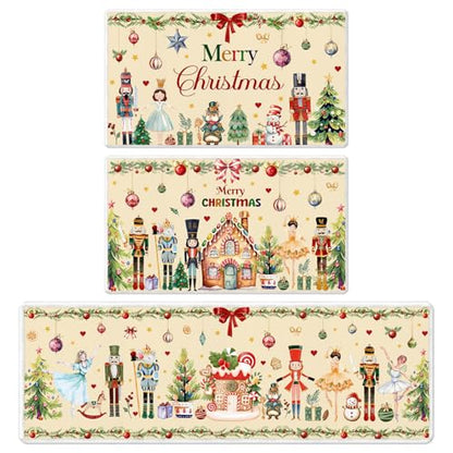 Winter Nutcracker Kitchen Rug Set of 3 - Christmas Holiday Floor Mats, Washable & Non-Slip