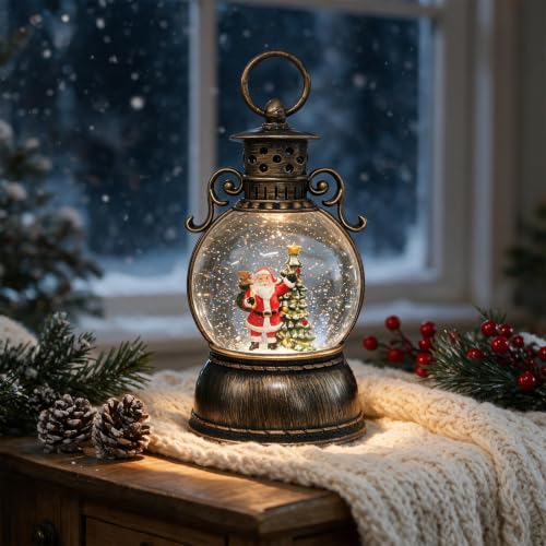 Christmas Snow Globe Lantern with Music & LED Lights - Santa Scene, USB & Battery Powered