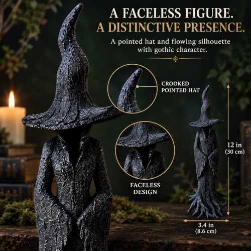 Faceless Gothic Witch Statue - 12 Inch Black Resin Shelf Decor