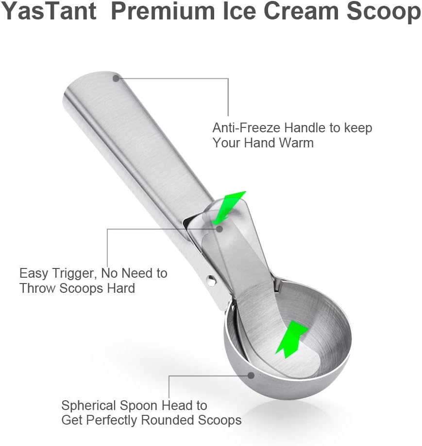 Skiennix Premium Ice Cream Scoop - Heavy Duty Stainless Steel with Trigger | Dishwasher Safe, Medium Silver