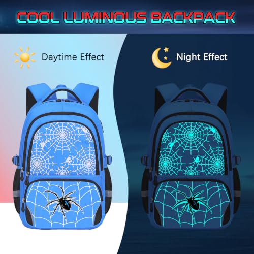 Blue 3-Piece Boys Backpack Set with Luminous Spider Design, Lunch Bag & Pencil Case