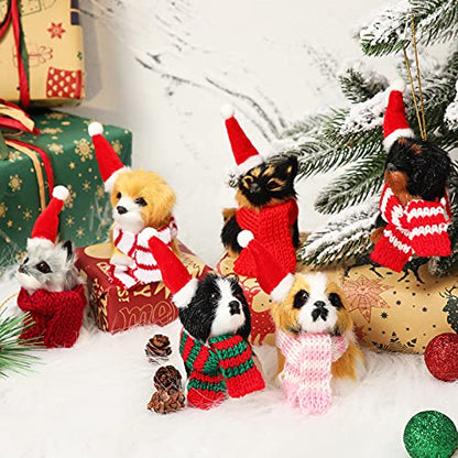 Christmas Dog Ornaments Set - Mini Fur Decor with Santa Hats & Scarves