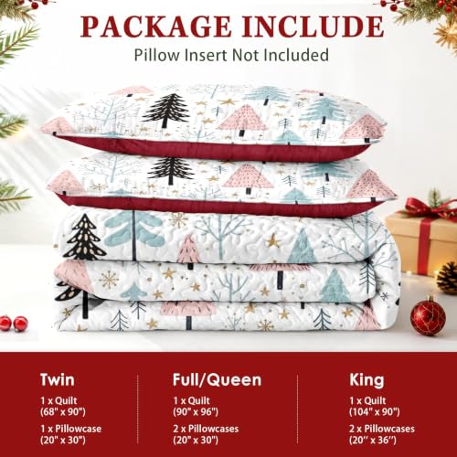 Queen Christmas Quilt Set with Tree Forest Pattern - 3 Piece Bedspread and Shams
