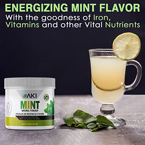 AKI Refreshing Mint Leaves Powder - Non-GMO, and Vegan Friendly | May Supports Digestion and Useful in Flavoring, Cooking, Baking, Drinks Tea, Cocktails, (3 Oz / 85g)