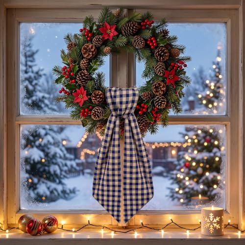 Navy Blue Linen Plaid Wreath Sash for Front Door - Holiday & Event Decor