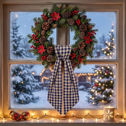 Navy Blue Linen Plaid Wreath Sash for Front Door - Holiday & Event Decor