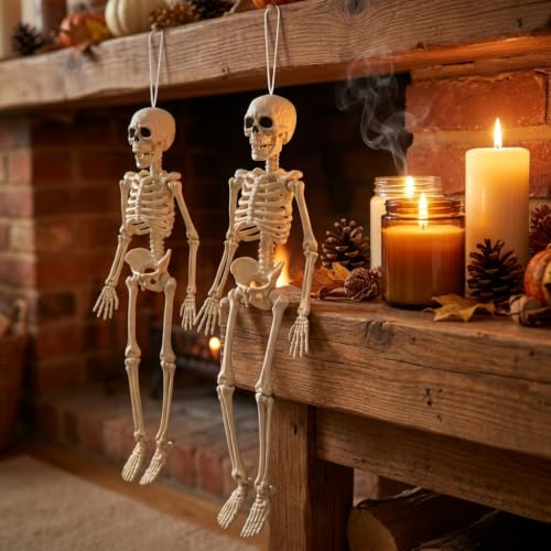 Halloween Hanging Skeleton Decorations - Small 16 Inches - Set of 2 - Flexible Joints