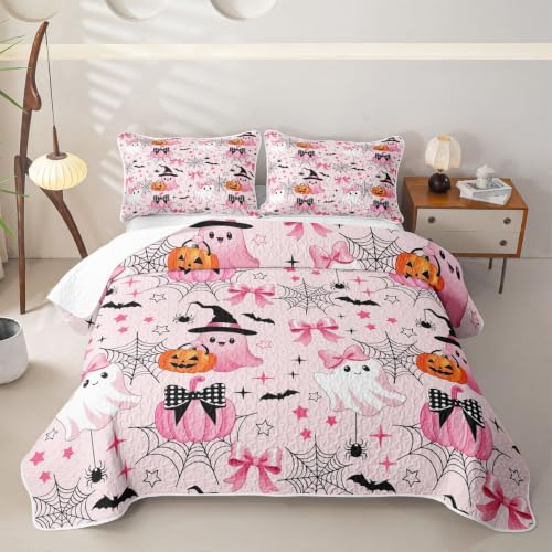 Pink Full Size Halloween Quilt Bedding Set - Fairy Ghost Cartoon Bedspread with Pillowcases