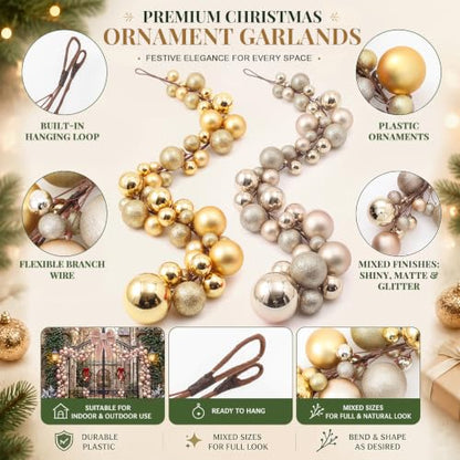 Large Christmas Ball Garland Set - Gold & Champagne Ornaments, 2 Pack, 6 FT Each