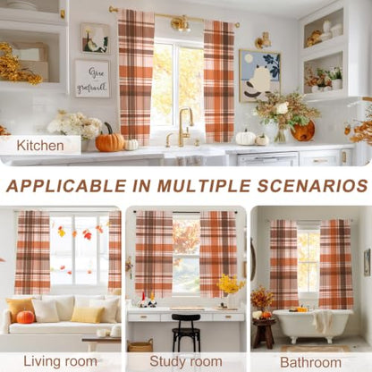 Semi Sheer Curtains 52 x 63 Inches Set with Orange, Brown, Cream Checks - Window Drapes for Living Room Bedroom