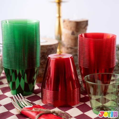 144 Pack Christmas Clear Disposable Plastic Cups - Red & Green 9oz Bulk Drinking Glasses
