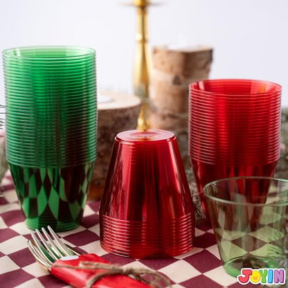 144 Pack Christmas Clear Disposable Plastic Cups - Red & Green 9oz Bulk Drinking Glasses