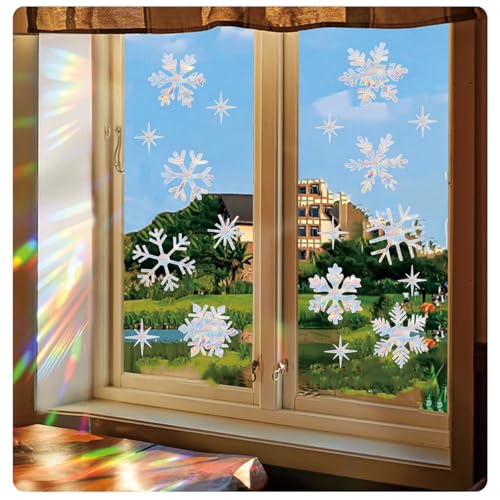 Snowflake Christmas Window Stickers - Bird Deterrent Rainbow Sun Catcher Decals