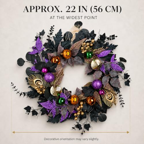 Halloween Wreath with Lights 22-Inch Black and Purple Front Door Decor