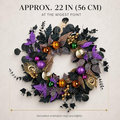 Halloween Wreath with Lights 22-Inch Black and Purple Front Door Decor