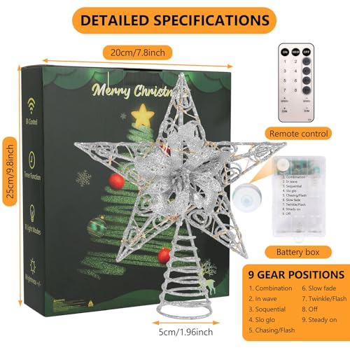 Verdenu Silver Christmas Star Tree Topper Lighted Battery Operated with Remote