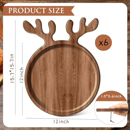 6 Pack Christmas Acacia Wood Charcuterie Boards with Deer Antler Handles - 12 Inch