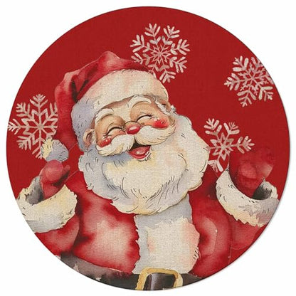 Christmas Round Area Rug 4ft Santa Claus Floor Carpet Washable & Stain-Resistant - Red Snowflake, Scarlet Variation