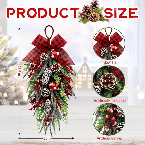 Christmas Teardrop Swag Decorations - Red Checked Bow, Pinecones & Bells, 28 Inch - Green Variation