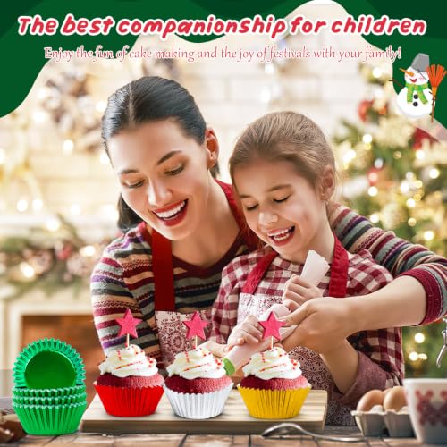 Christmas Cupcake Liners 200 Pack - Red Green Gold Silver Foil Baking Cups for Holiday Baking