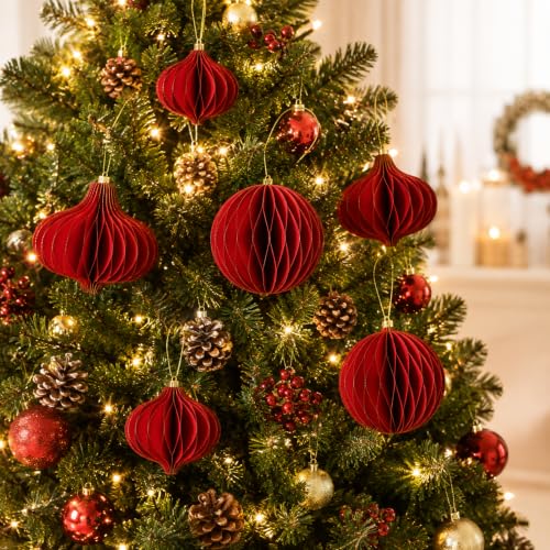 Red Honeycomb Paper Christmas Ornaments - Assorted Ball & Teardrop Shapes - 3 Pack
