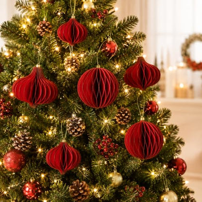 Red Honeycomb Paper Christmas Ornaments - Assorted Ball & Teardrop Shapes - 3 Pack