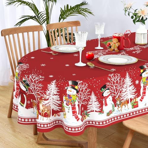 Yighty Oval Christmas Tablecloth 60 x 84In Red Snowman Santa Elk Holiday Decor