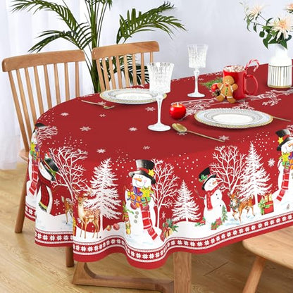 Yighty Oval Christmas Tablecloth 60 x 84In Red Snowman Santa Elk Holiday Decor