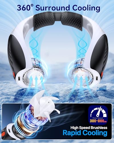 Kesguar Portable Neck Fan Black & White 20H Runtime Rechargeable USB