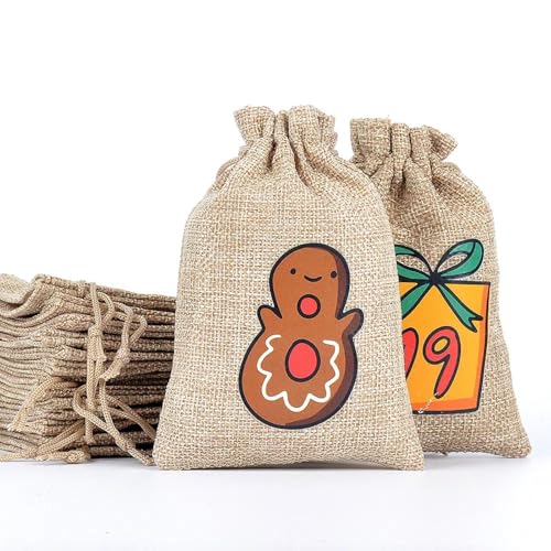 Brown Christmas Advent Calendar Bags, 24 Days Countdown Burlap Gift Bags