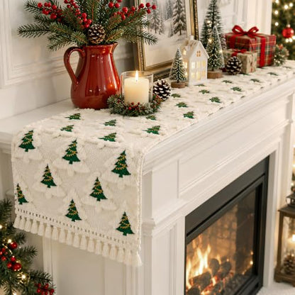Christmas Table Runner 13x72 Inch with Tassels and Festive Tree Design - Soft Plush, Holiday Decor