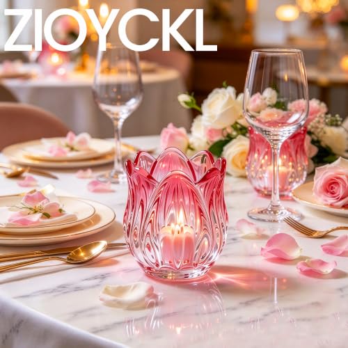 Pink Tulip Candle Holder Set - Decorative Glass Votive for Tealights