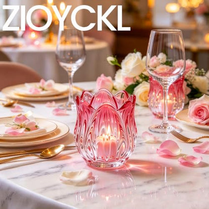 Pink Tulip Candle Holder Set - Decorative Glass Votive for Tealights