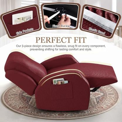 3-Piece Recliner Chair Cover Set with Elastic Bottom & Side Pocket - Washable Furniture Protector for Pets & Kids, Wine Red